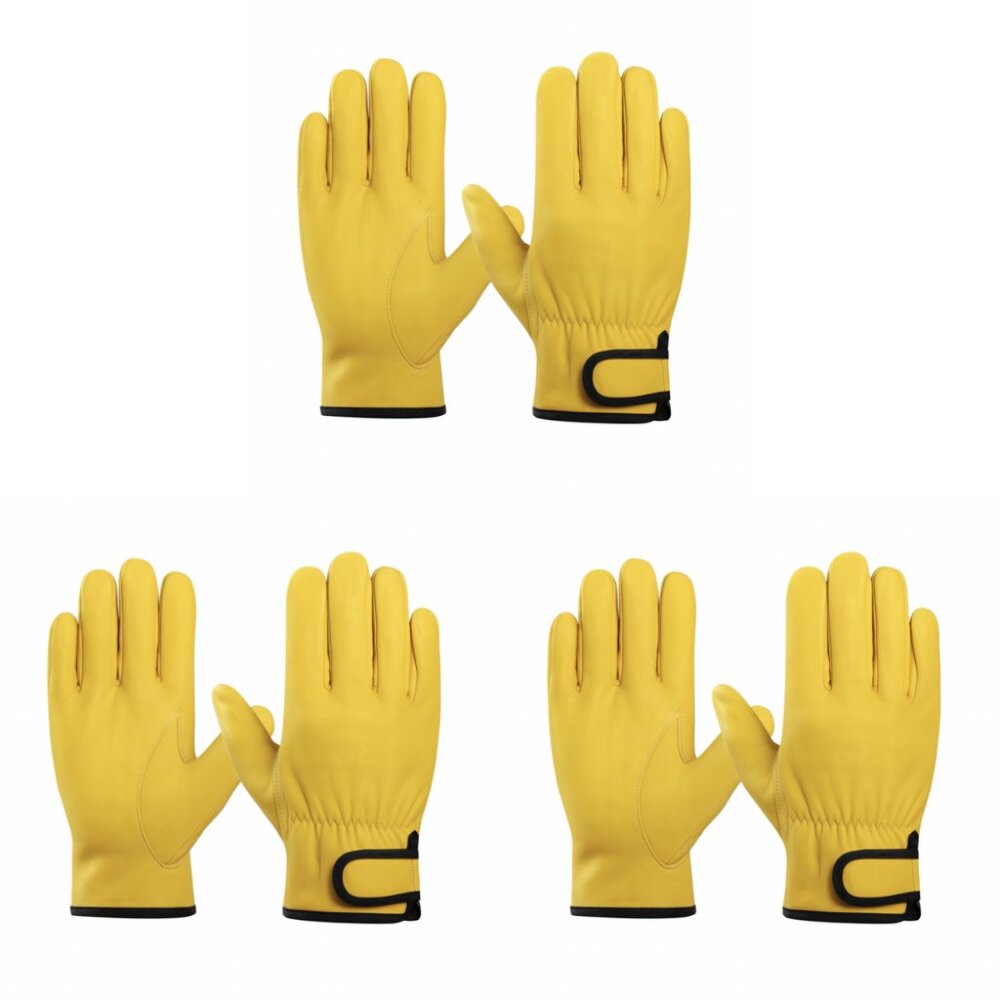 PAKNADA Sheepskin Velcro Leather Gloves 3Pairs Yellow Wrist Strip Cut Resistant